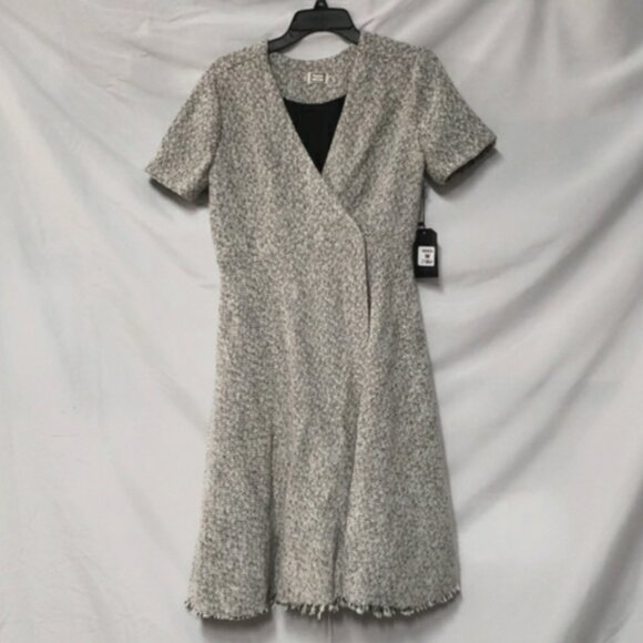 Anthropologie Mo: Vint Tweed Wrap Dress Oatmeal Black V Neckline Size Medium - Picture 2 of 10